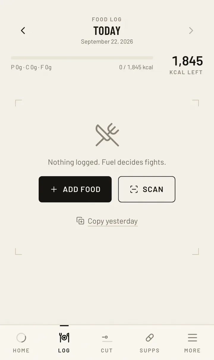 A food log open on the phone of an invented flyweight, Mara Delgado, four weeks out — a fabricated example and not a client. The entries are ordinary: what was eaten, at what time, before which session. What makes it useful is not the totals. It is that a clinician asking "what changed, and when" can read an answer off a dated list instead of a memory.