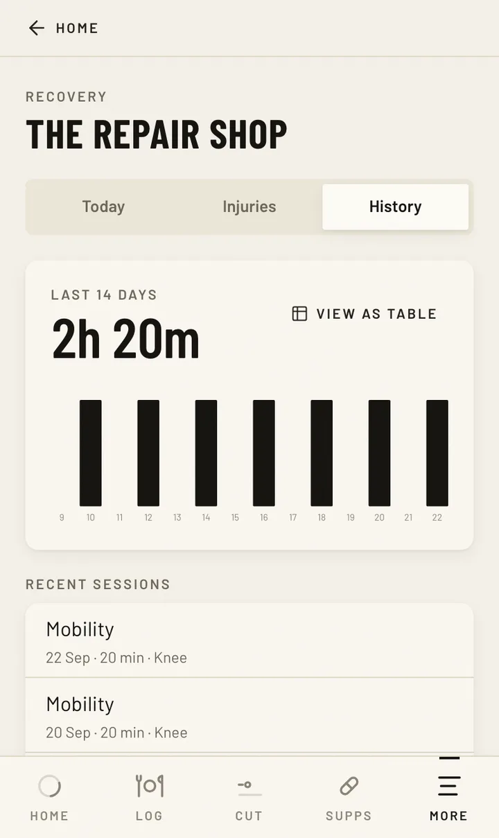 Invented athlete Mara Delgado: fourteen days of recovery work logged against an open injury, with
dated sessions. FABRICATED; an example, never a client.