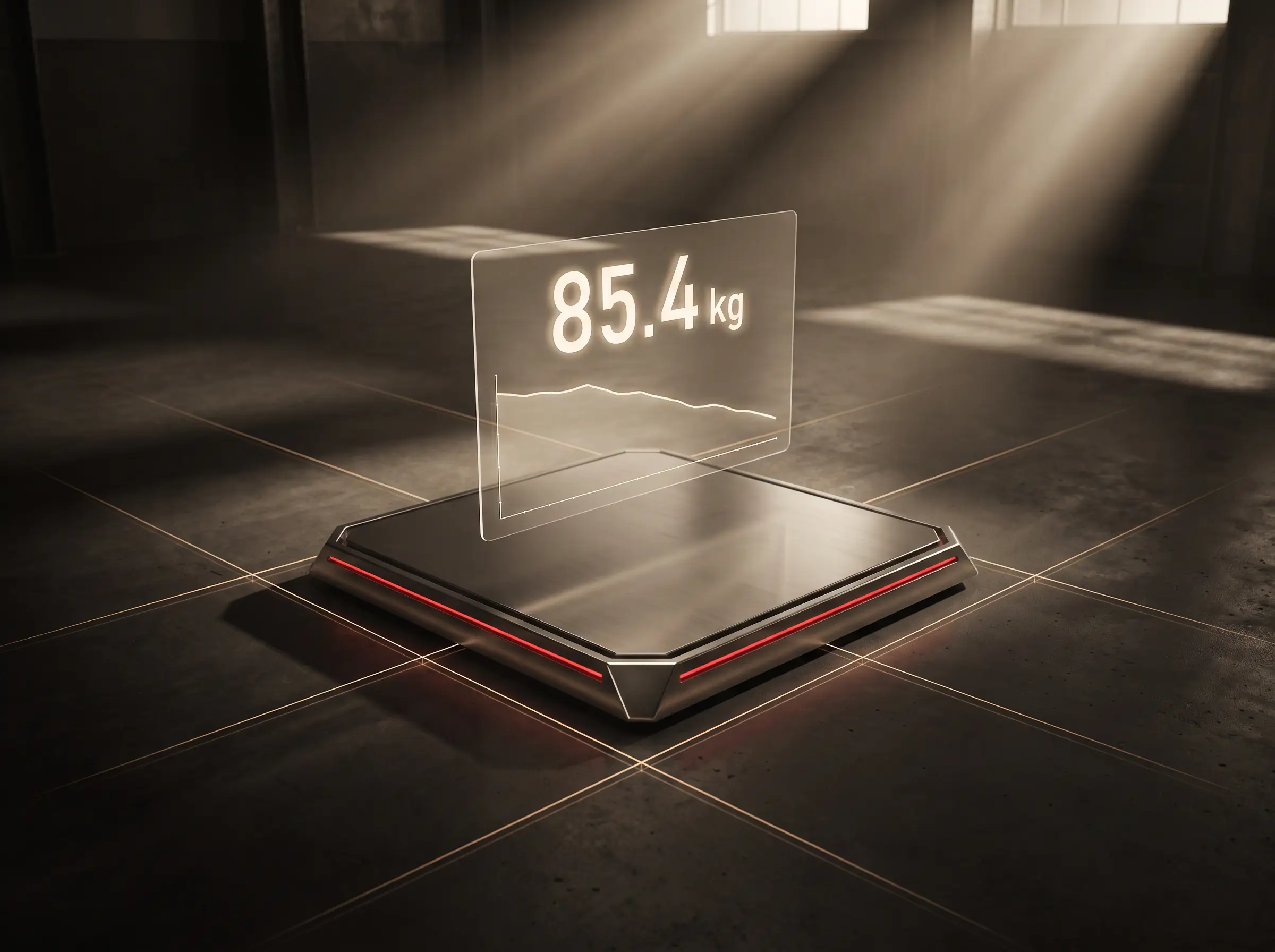 A futuristic weigh-in platform projecting a holographic weight readout and descending chart
