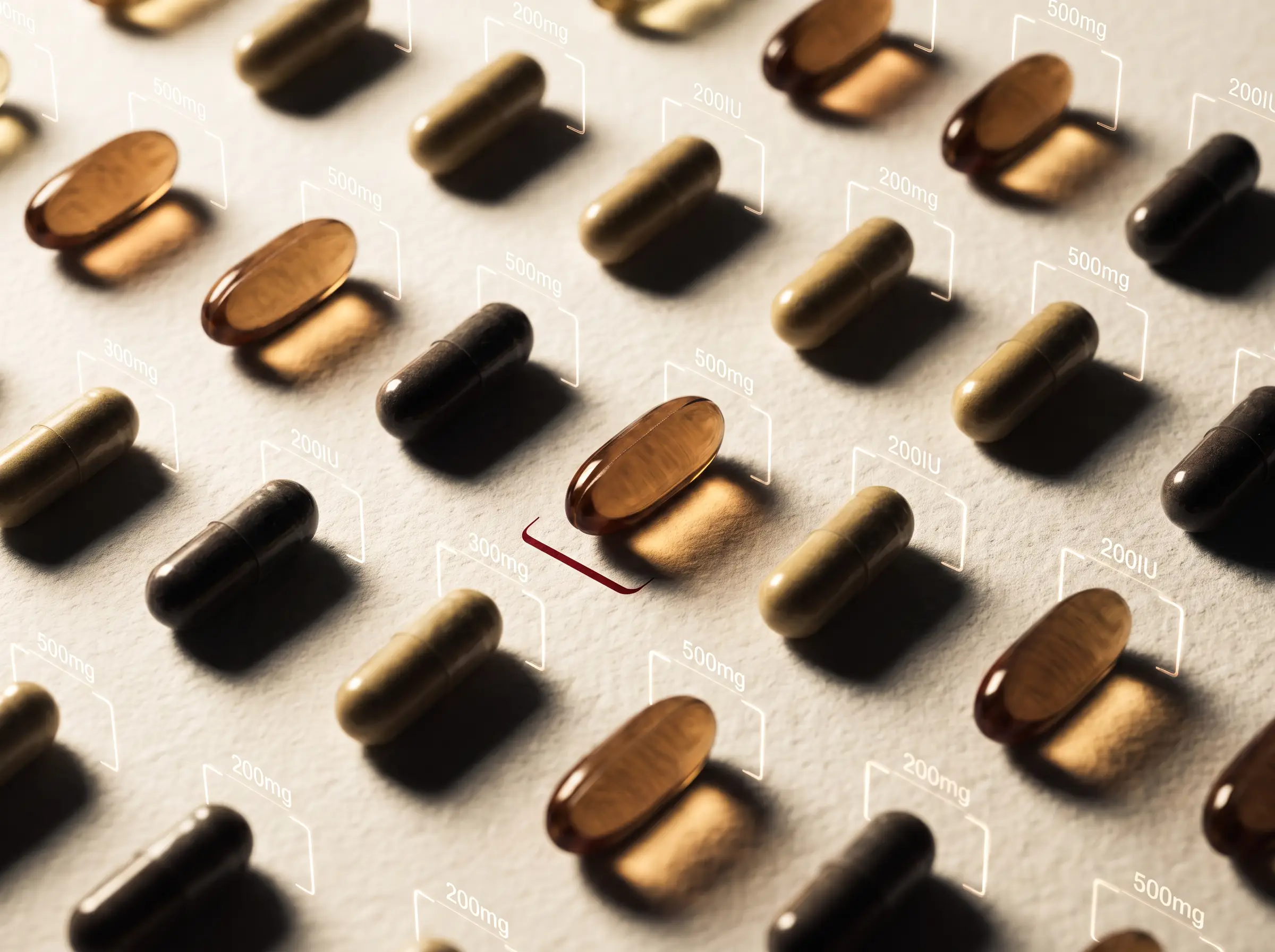 Supplement capsules laid out in a measured grid under holographic dose annotations, one flagged in red