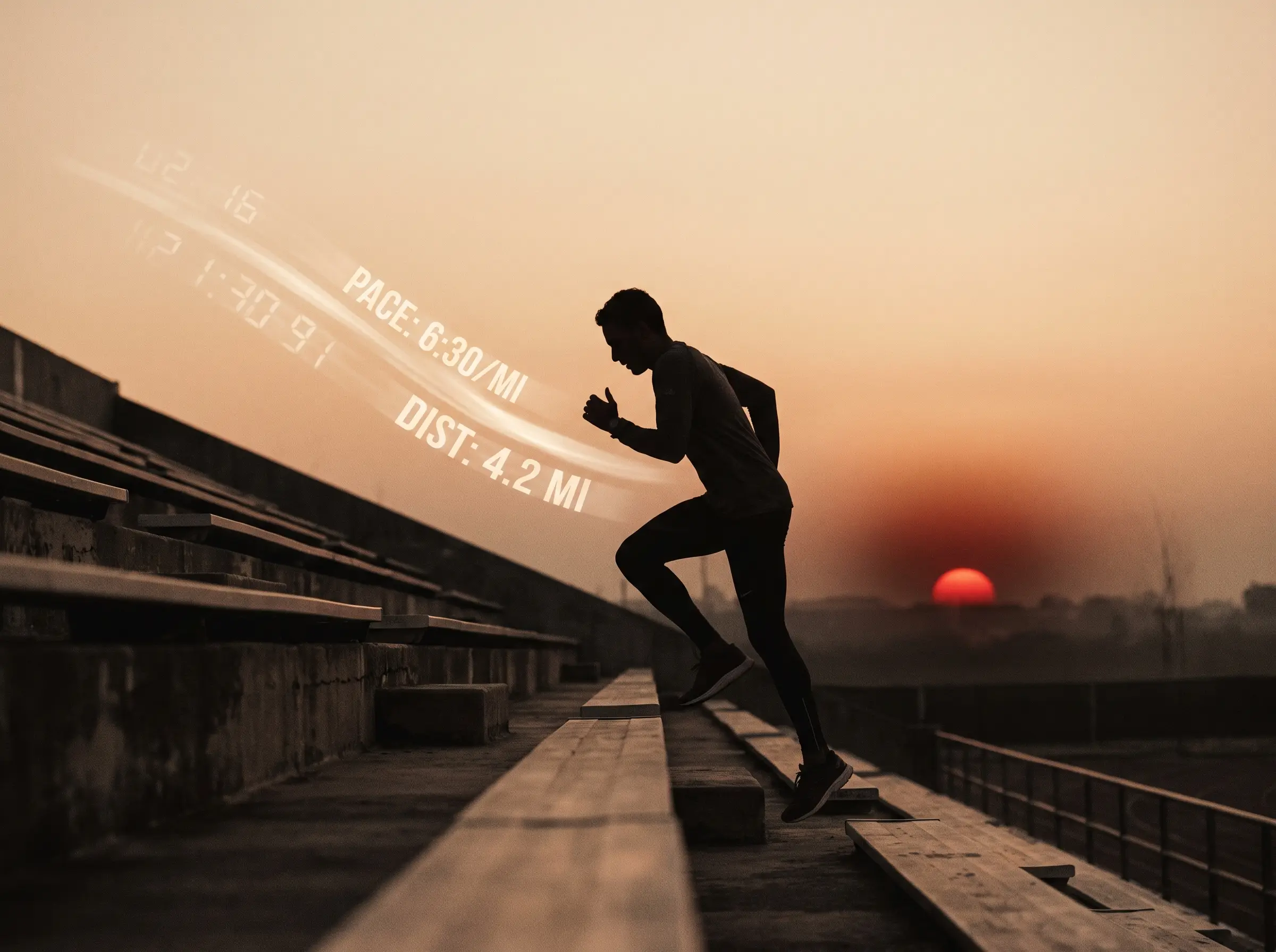 A fighter running stadium steps at dawn with pace and distance readouts trailing in the air
