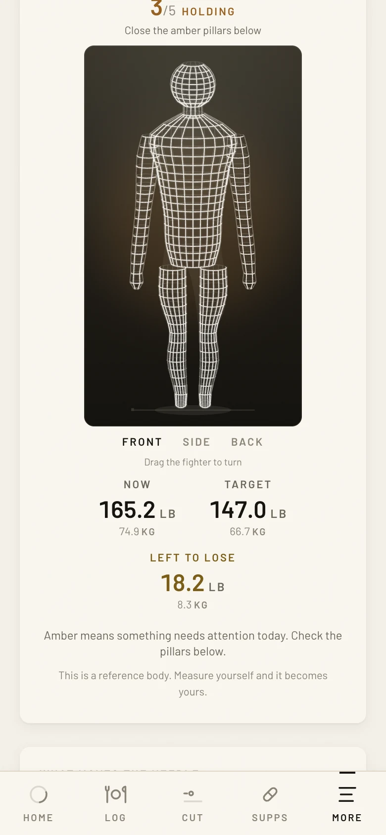 Fighter Cut profile screen: the wireframe body drawn from your own tape measurements, with now and target weights