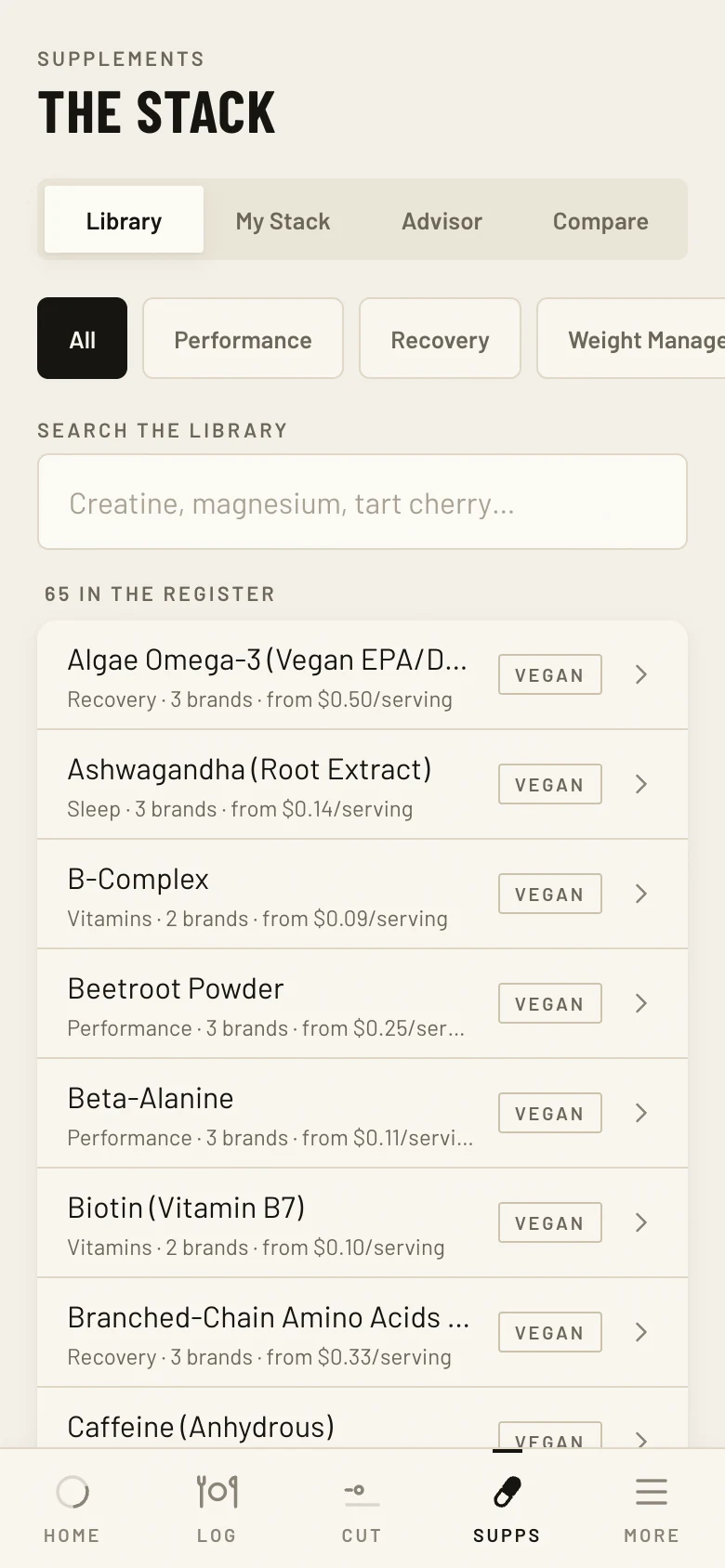 Fighter Cut supplement register: 65 supplements with price-per-serving and vegan badges